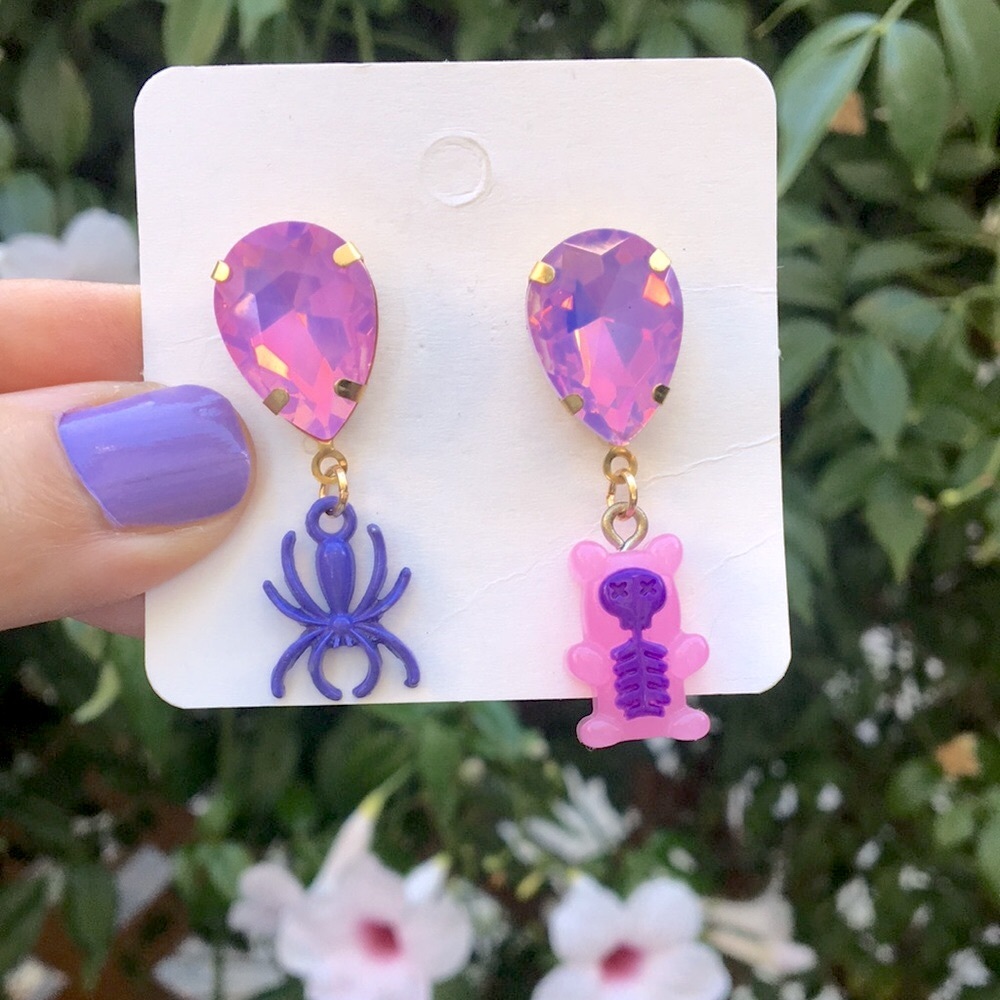 Pink-Purple Opal AB Crystal, Spider+ Skeleton Gummy Bear Halloween Drop Earrings